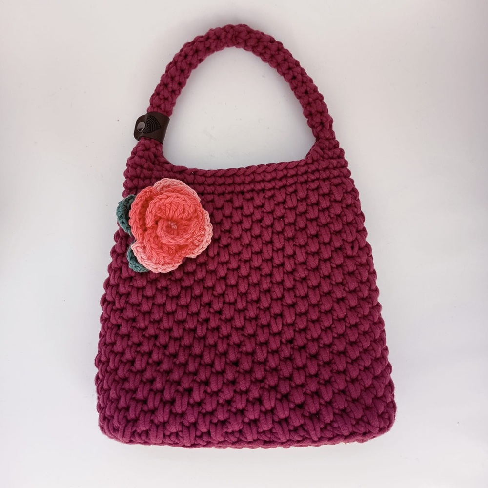 🌸Handmade Crocheted Rose Accent Tote — Burgundy - Picture 2 of 9